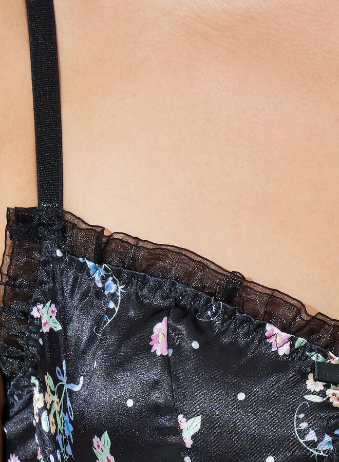 Styli Black Floral Printed Padded Wired Balconette Bra And Ruffle Edge Brief Set - Image 3