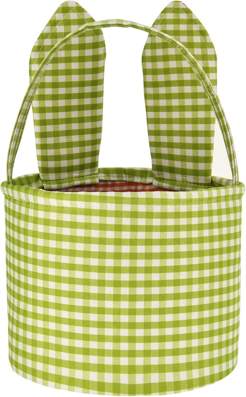 ONGLYP Easter Bunny Basket Plaid Gingham Easter Buckets with Border PleatCute Easter Basket Tote Easter Eggs Hunt BagEaster DecorationsCandy Gifts Storage GreenEars - Image 4