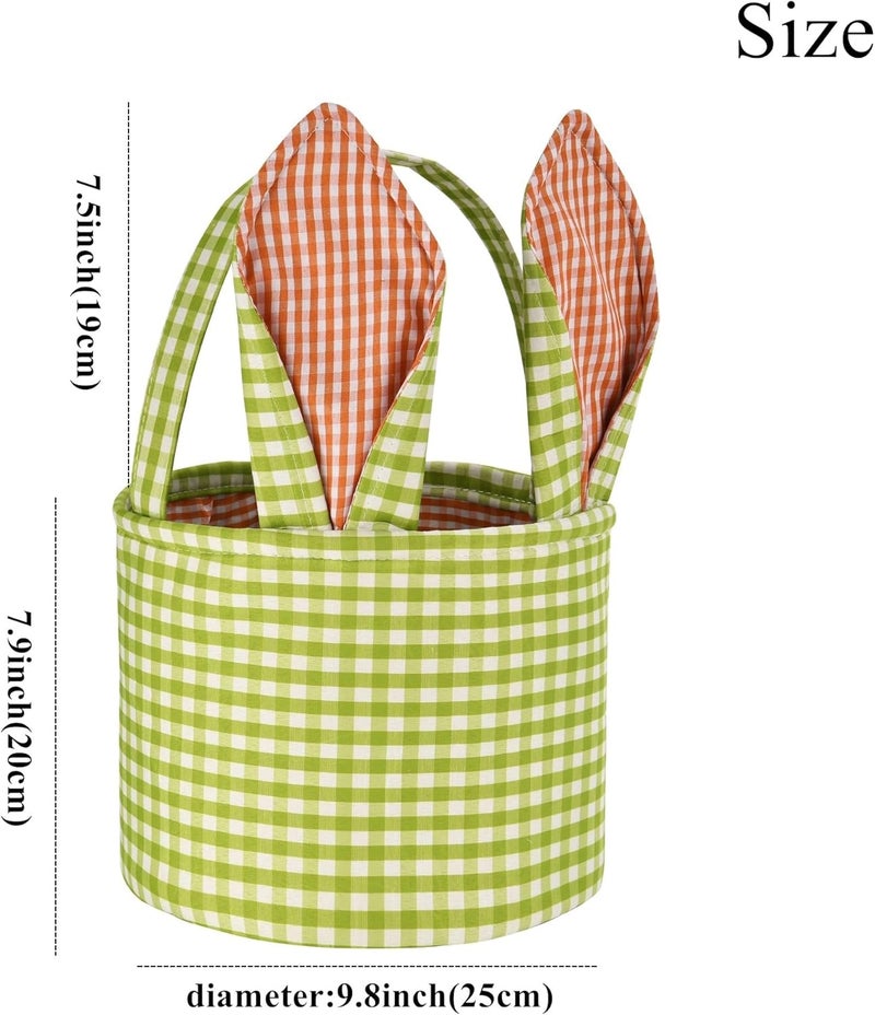 ONGLYP Easter Bunny Basket Plaid Gingham Easter Buckets with Border PleatCute Easter Basket Tote Easter Eggs Hunt BagEaster DecorationsCandy Gifts Storage GreenEars - Image 2
