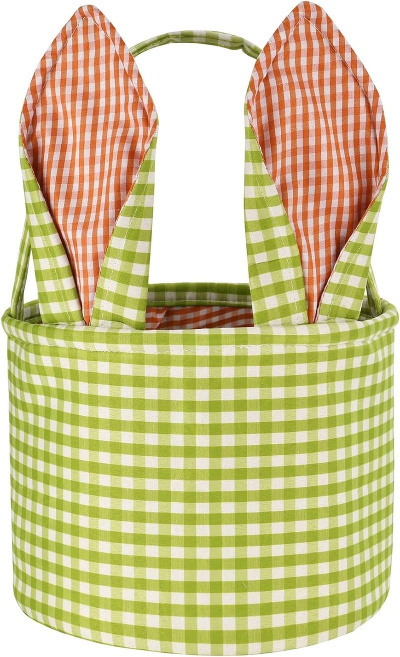 ONGLYP Easter Bunny Basket Plaid Gingham Easter Buckets with Border PleatCute Easter Basket Tote Easter Eggs Hunt BagEaster DecorationsCandy Gifts Storage GreenEars - Image 1