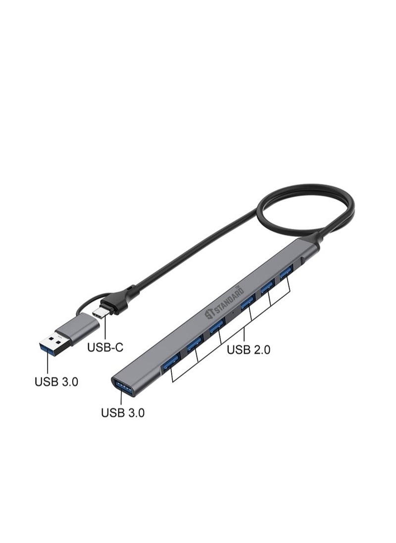 Standard - 7 in 2 USB 3.0 HUB AND TYPE C HUB UCA9702 WITH 7 PORTS USB 3.0 AND OTG FUNCTION Material AND RUBBER WITH PLUG AND PLAY FUNCTION GREY - Image 1