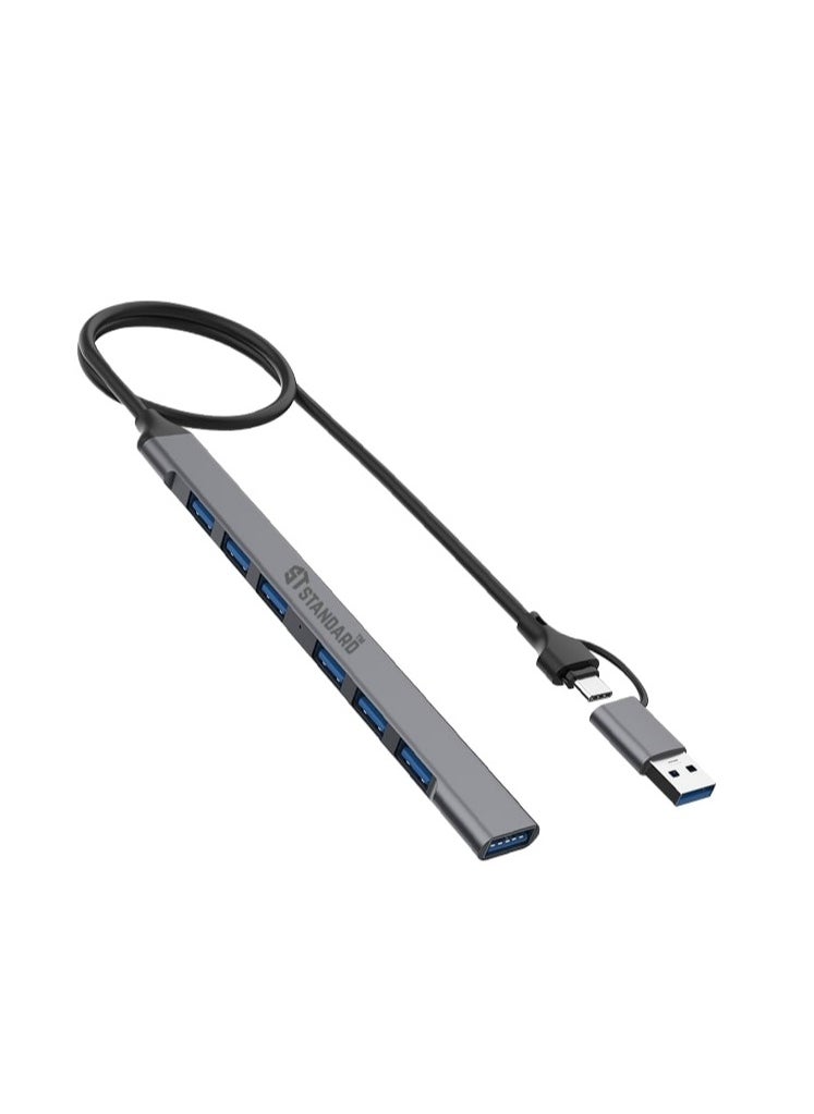 Standard - 7 in 2 USB 3.0 HUB AND TYPE C HUB UCA9702 WITH 7 PORTS USB 3.0 AND OTG FUNCTION Material AND RUBBER WITH PLUG AND PLAY FUNCTION GREY - Image 1