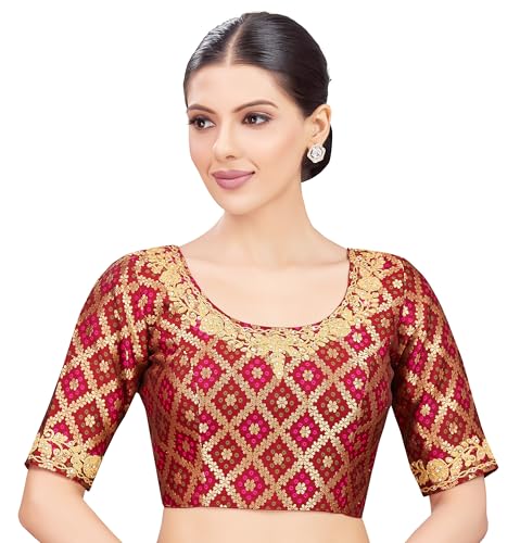 Studio Shringaar Women's Elbow Length Sleeves Benaras Brocade Embroidered Saree Blouse (Maroon, 34) - Image 1