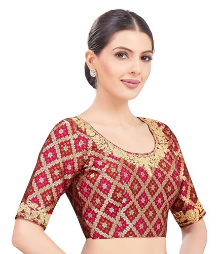 Studio Shringaar Women's Elbow Length Sleeves Benaras Brocade Embroidered Saree Blouse (Maroon, 34) - Image 4