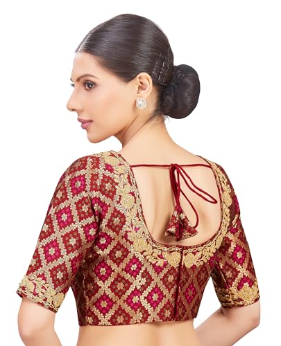 Studio Shringaar Women's Elbow Length Sleeves Benaras Brocade Embroidered Saree Blouse (Maroon, 34) - Image 2