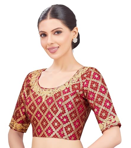 Studio Shringaar Women's Elbow Length Sleeves Benaras Brocade Embroidered Saree Blouse (Maroon, 34) - Image 3