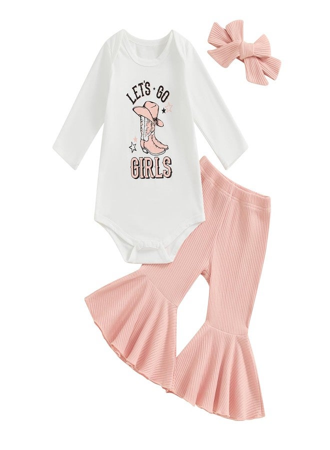 SAYOO Baby Girls Western Outfits Let's Go Girls Letter Print Retro Romper Ribbed Flared Pants Cowgirls Country Fall Clothes (Pink, 6-12 Months) - Image 1