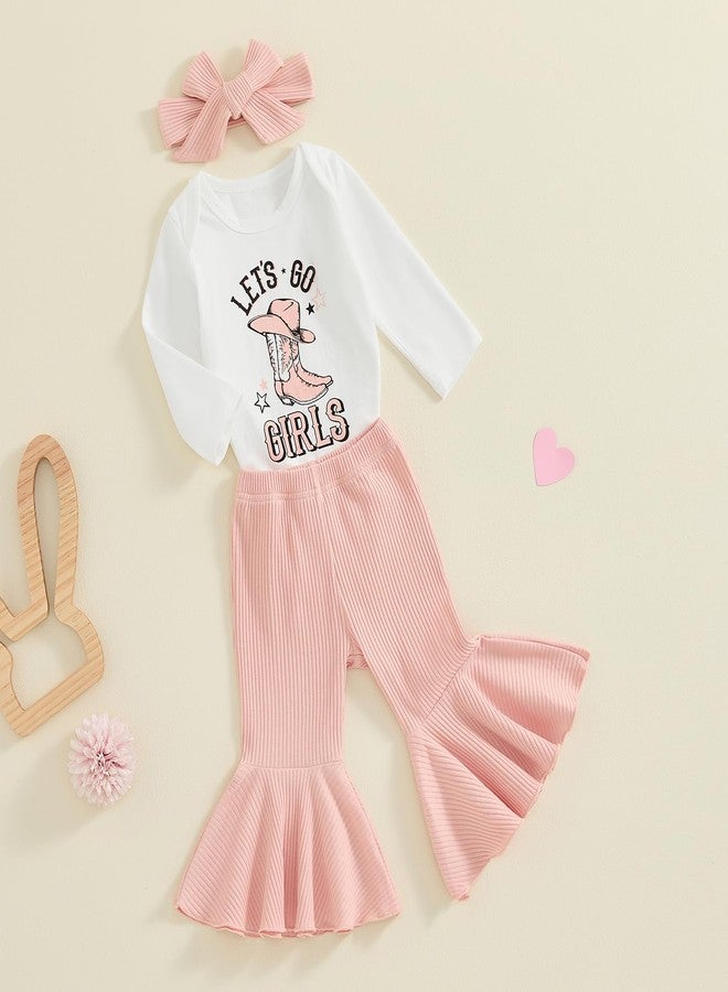 SAYOO Baby Girls Western Outfits Let's Go Girls Letter Print Retro Romper Ribbed Flared Pants Cowgirls Country Fall Clothes (Pink, 6-12 Months) - Image 2
