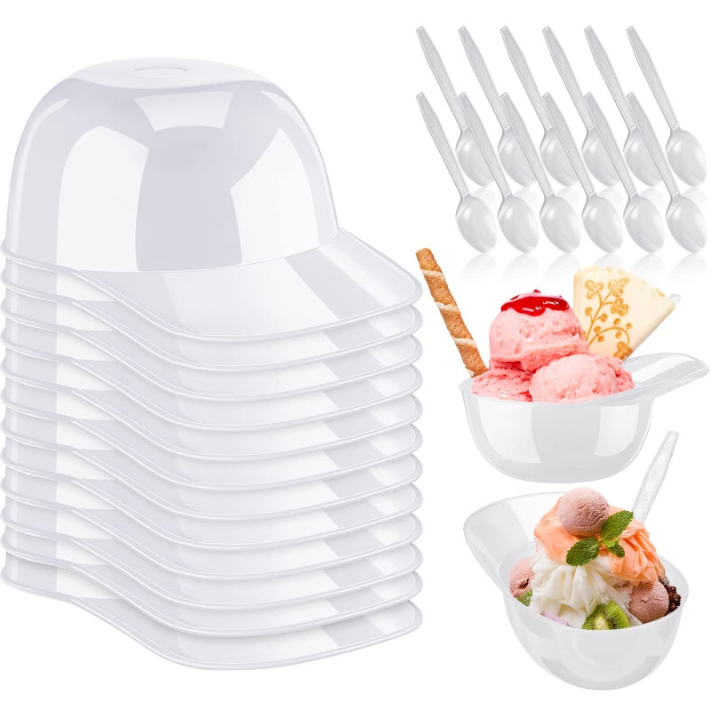 Irenare 12 Sets Mini Baseball Helmet Ice Cream Snack Bowls 8 oz with Disposable Taster Spoons Set Small Plastic Ice Cream Cups Dessert for baseball Party Gift White