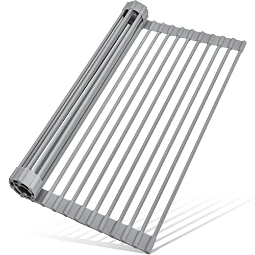 MERRYBOX Roll Up Dish Drying Rack Silicone Wrapped Over The Sink Dish Rack Foldable Dish Drainer AntiSlip Dish Racks for Kitchen Counter Multipurpose Kitchen Sink Drying Rack 18 x 13 Light Gray