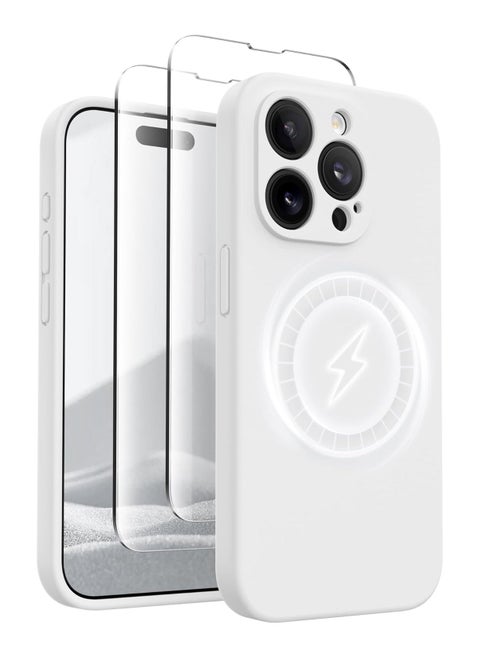 iPhone 15 Pro Max Case Silicone, Compatible with MagSafe, [Camera Protection][2X Screen Protectors] Slim Shockproof Protective Phone Case, Soft Anti-Scratch Microfiber Lining, White