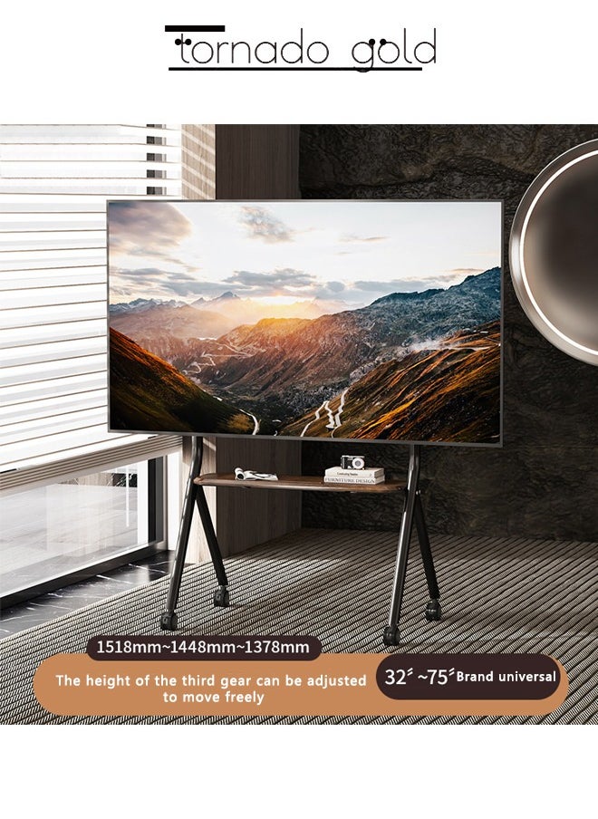 تورنيدو جولد - حامل تلفزيون متنقل مع عجلات لشاشة LCD LED مسطحة منحنية مقاس 32-75 بوصة، حامل تلفزيون متنقل محمول قابل لضبط الارتفاع مع صينية حامل الوسائط - Image 1