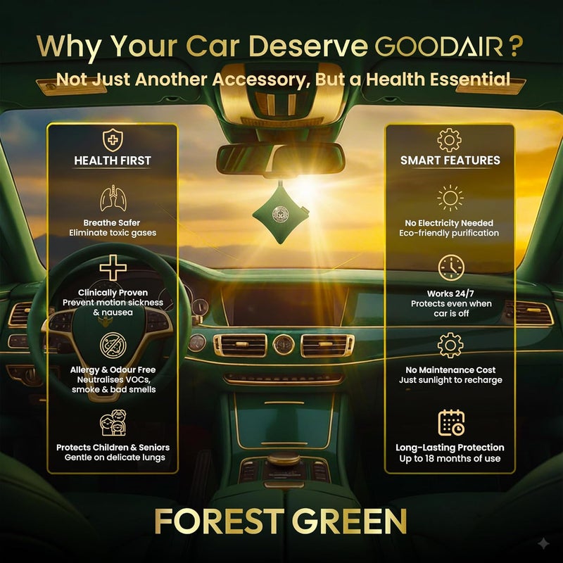 GOODAIR جود إير 2.0 جهاز تنقية هواء السيارة غير الكهربائي الفاخر | أخضر غابة | مختبر ومعتمد لامتصاص الغازات السامة | كربون نشط متقدم مشبع | تنقية هواء على مدار 24/7 - Image 2