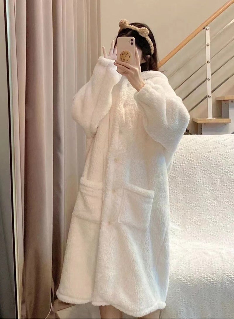 جورونب ملابس منزلية شتوية من المخمل المرجاني من القطيفة الناعمة المصنوعة من الفانيلا بيجامة بأكمام طويلة وغطاء للرأس ملابس نوم شتوية دافئة غير رسمية للنساء مع جيوب متوفرة بوزن 55-65 كجم - Image 2