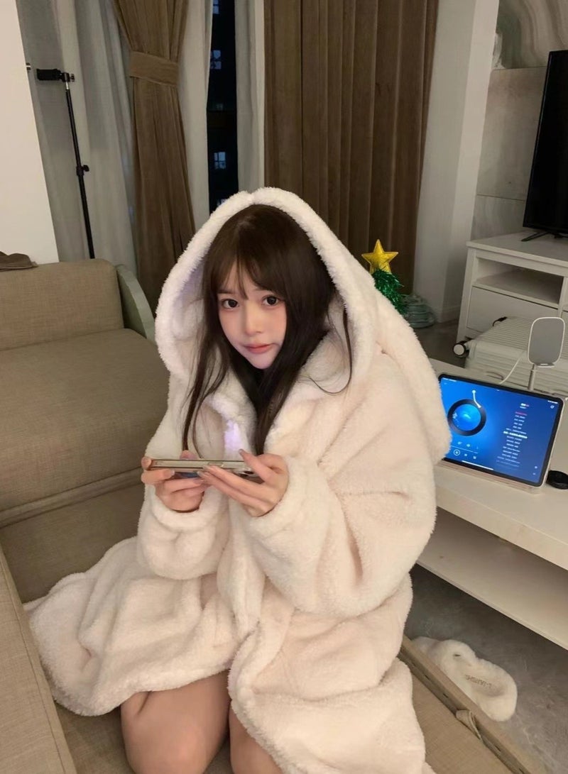 جورونب ملابس منزلية شتوية من المخمل المرجاني من القطيفة الناعمة المصنوعة من الفانيلا بيجامة بأكمام طويلة وغطاء للرأس ملابس نوم شتوية دافئة غير رسمية للنساء مع جيوب متوفرة بوزن 55-65 كجم - Image 4