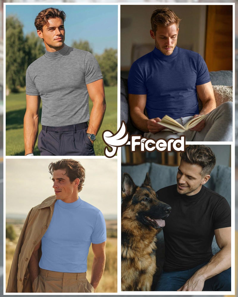 Ficerd 4 Pack Men's Mock Neck T Shirts, Short Sleeve Mock Turtleneck Undershirt Pullover Basic Causal Solid Tee Tops for Men(Black, Light Gray, Light Blue, Dark Blue,X-Large) - Image 3
