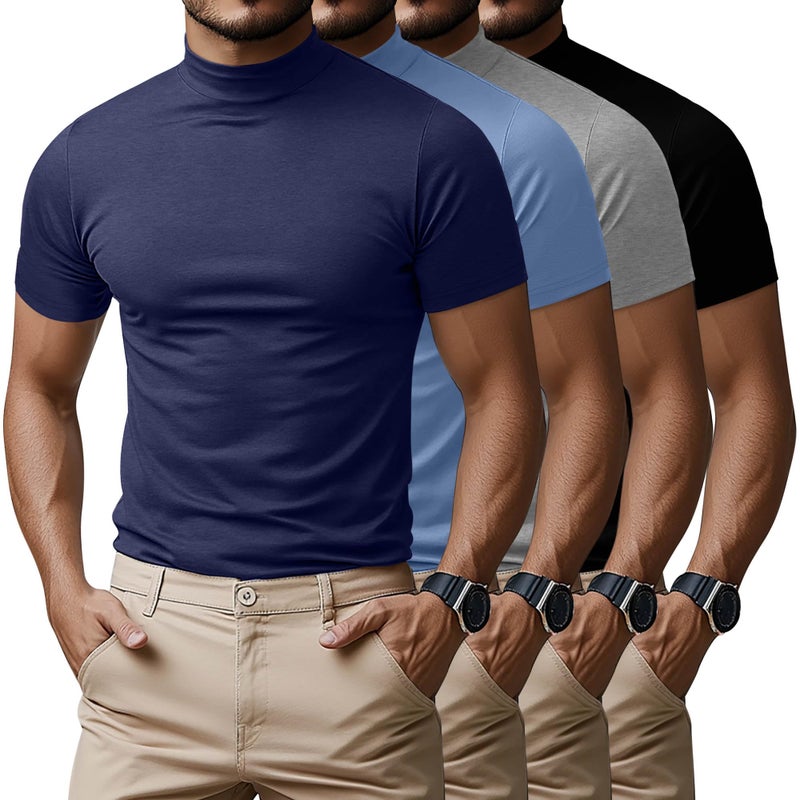 Ficerd 4 Pack Men's Mock Neck T Shirts, Short Sleeve Mock Turtleneck Undershirt Pullover Basic Causal Solid Tee Tops for Men(Black, Light Gray, Light Blue, Dark Blue,X-Large) - Image 1