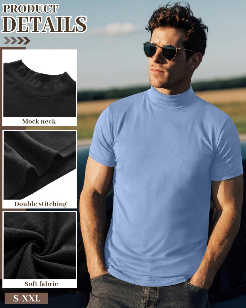 Ficerd 4 Pack Men's Mock Neck T Shirts, Short Sleeve Mock Turtleneck Undershirt Pullover Basic Causal Solid Tee Tops for Men(Black, Light Gray, Light Blue, Dark Blue,X-Large) - Image 5