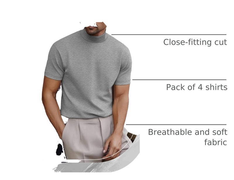 Ficerd 4 Pack Men's Mock Neck T Shirts, Short Sleeve Mock Turtleneck Undershirt Pullover Basic Causal Solid Tee Tops for Men(Black, Light Gray, Light Blue, Dark Blue,X-Large) - Image 4