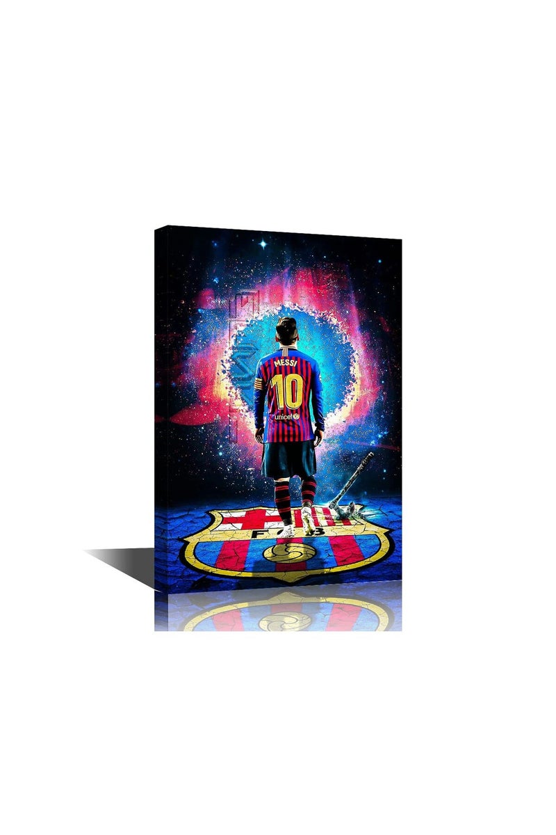 TISHIRON ALAYRA Lio Messi Pictures Artwork 1 Panels Canvas Wall Art Lionel Messi Barcelona FC Motivational Wall Art Paintings Poster Print for Living Room Decor Framed Wrapped Stretched Ready to Hang - 36" W x 24" H - Image 1