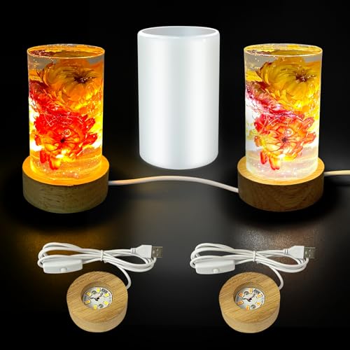 Voaesdk Cylinder Light Resin Mold,LED Silicone Resina Mould with 2 Pcs USB Powered Wooden Lighted Base Stand for DIY Table Crafts Party Wedding Desktop Lamp Home Decor - Image 1