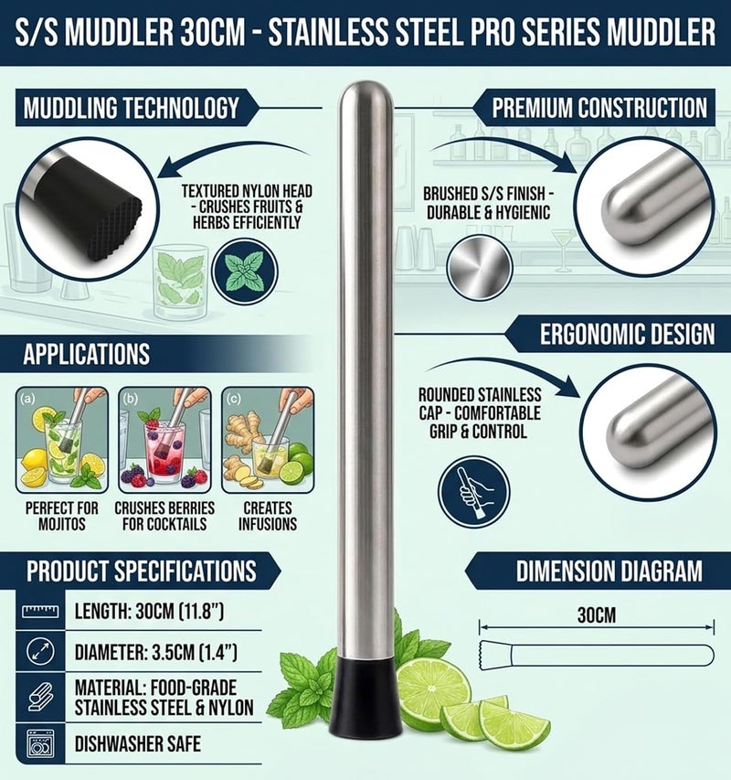 Cuisine Art Stainless Steel Cocktail Muddler 30cm – Nylon Textured Head Bar Tool for Mojitos Caipirinha Mint Crushing Bartender Home Kitchen HORECA – 11.8 Inch - Image 3