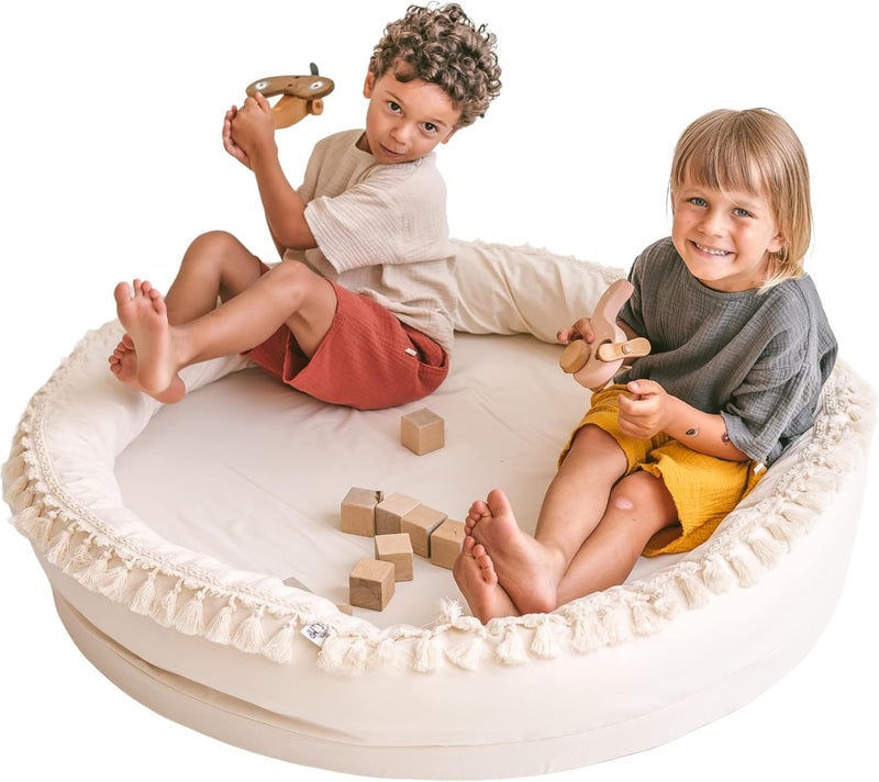 MINICAMP Kids Play Mat for Floor Play  Sleep Pod Nest for Toddlers  Activity Gym  100 Natural Cotton  Unique Tassel Decor  Nursery Rug 44 Wide  Extra Soft FoamPadded Matt - Image 1