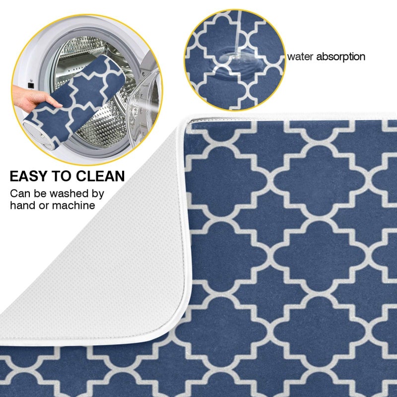 senya Super Absorbent Dish Drying Mat Microfiber Fast-Drying Dish Mat 16" x 18" Kitchen Dish Drying Pad Watercolor Cute Navy Blue Moroccan - Image 2