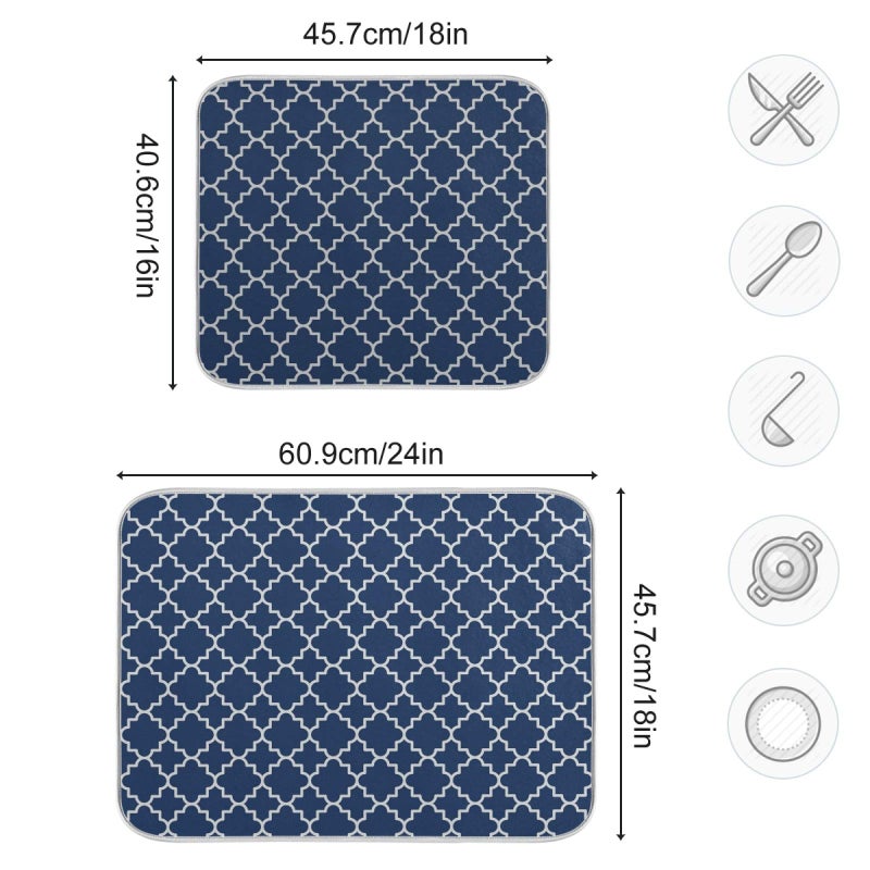 senya Super Absorbent Dish Drying Mat Microfiber Fast-Drying Dish Mat 16" x 18" Kitchen Dish Drying Pad Watercolor Cute Navy Blue Moroccan - Image 3