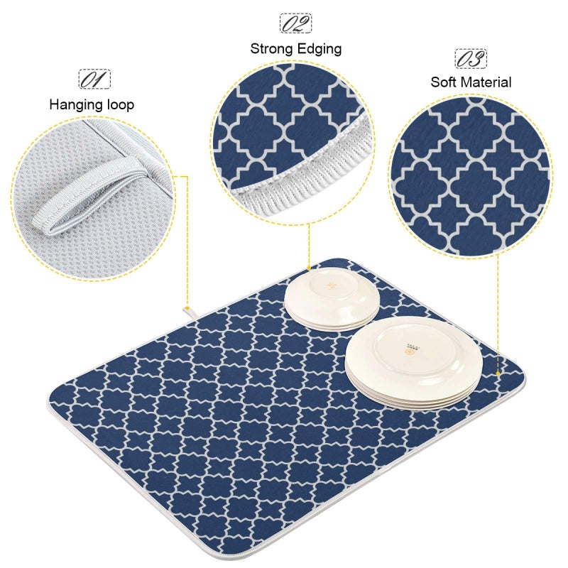 senya Super Absorbent Dish Drying Mat Microfiber Fast-Drying Dish Mat 16" x 18" Kitchen Dish Drying Pad Watercolor Cute Navy Blue Moroccan - Image 4