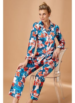 Nurteks 5654X Women's Large Size Satin Front Buttoned Long Sleeve Pajama Set - Green 