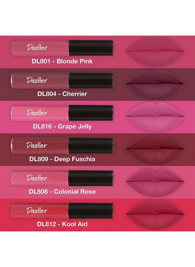 DAZLLER Lip Colour Lipstick Combo Pack Of 6|Vibrant Matte Liquid Lipstick For Women|Long Stay|Smudge-Proof|Non-Transfer|Pink Punch|21.6G - Image 1