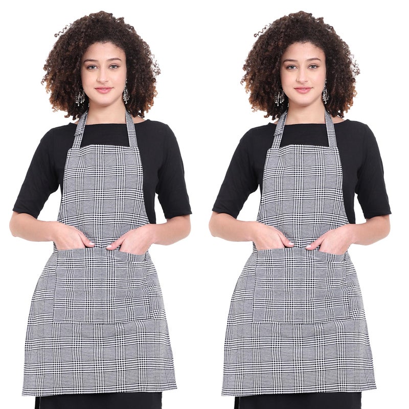 GLUN® Kitchen Cooking Aprons, Small White Checkered Design Pack of 2, Adjustable Neck Strap Chef Apron with 2 Pockets for Men & Women - Image 5
