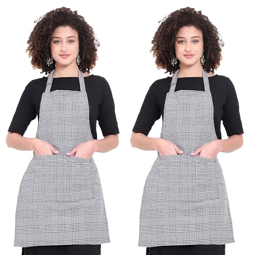 GLUN® Kitchen Cooking Aprons, Small White Checkered Design Pack of 2, Adjustable Neck Strap Chef Apron with 2 Pockets for Men & Women - Image 1