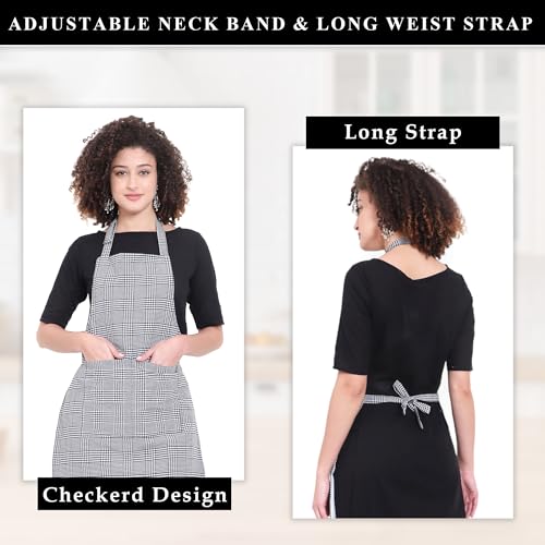 GLUN® Kitchen Cooking Aprons, Small White Checkered Design Pack of 2, Adjustable Neck Strap Chef Apron with 2 Pockets for Men & Women - Image 3