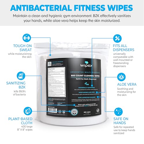Wipex Fitness Wipes Refill - 800ct Antibacterial Hand Sanitizing Wipe with Safe Plant Based Cloth, Bulke Commercial Size - Great for Gyms, Studios, Clubhouse & Public Facilities - Image 2