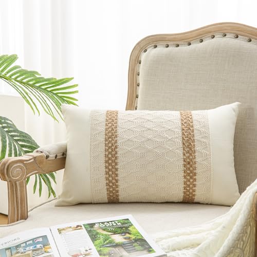 Mayler Yee Lumbar Throw Pillow Covers 12 x 20 Inch 1PC for Farmhouse Living Room Cotton  Burlap Textured Striped Woven Boho Pillow Covers Beige  Brown Double Striped