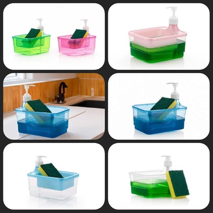 DEEDECORWAVE 2-in-1 Liquid Soap Dispenser with Pump & Sponge Holder 1000ml Large Capacity Manual Sink Dishwashing Soap Dispenser Durable Plastic with Ergonomic Pump Kitchen & Bathroom Essential - Image 3