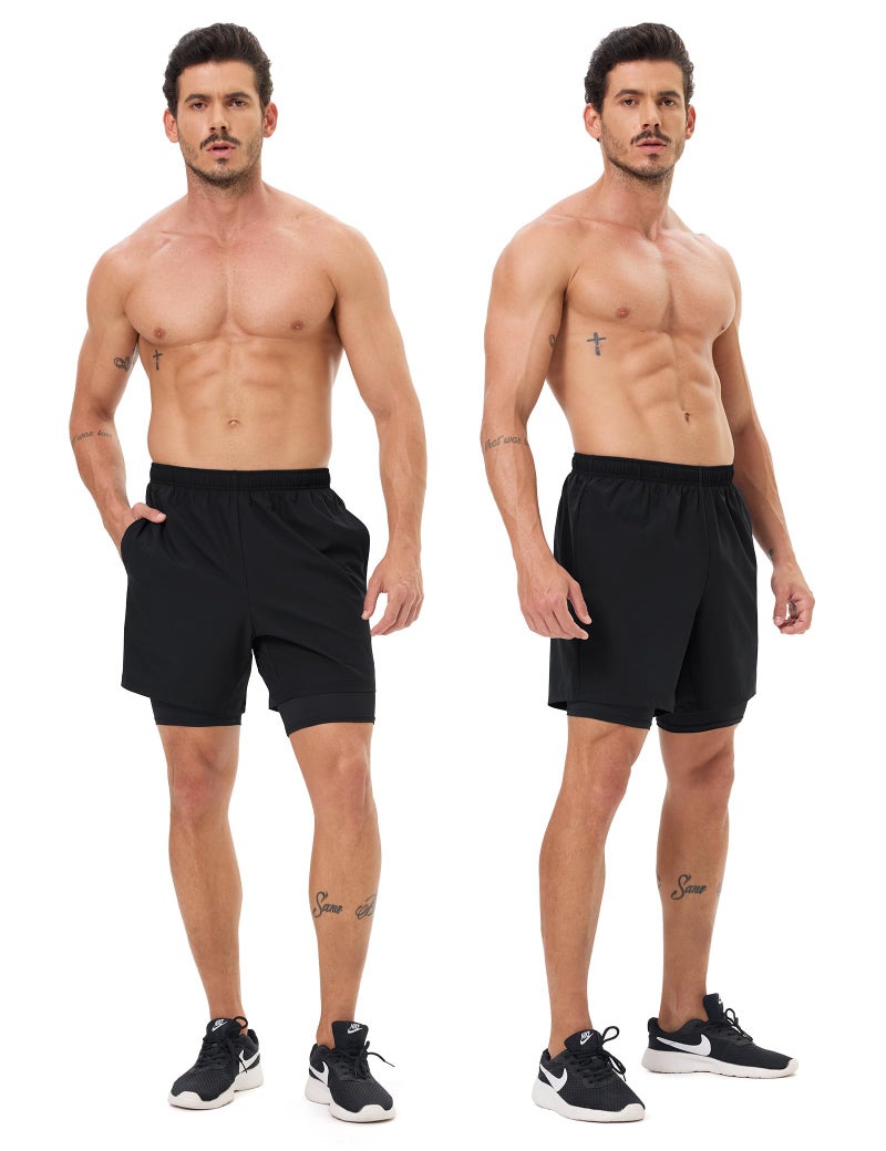 Naarts Men's 2 in 1 Athletic Running Shorts Quick Dry 5 Inch Lightweight Workout Gym Shorts with Liner and Pockets Black,X-Large - Image 2