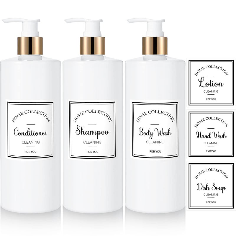Marsui 3 Pieces 16oz Pump Bottle Set Shampoo and Conditioner Bottle Plastic Refillable Soap Dispenser Shower Dispenser with 6 Label Sticker for Lotion Body Massage Gold and White