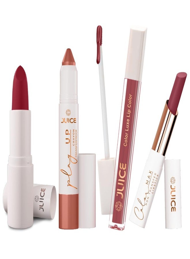 Juice Long Lasting, 4pc Lipstick Combo Set For Women(Red Rebel-M01 Bullet Lipstick, Barely There-MCR01 Play up Lip Crayon, Pink Desire-M01 Liquid Lipstick, Pink Crush-M01 Slim Stick) - Image 1