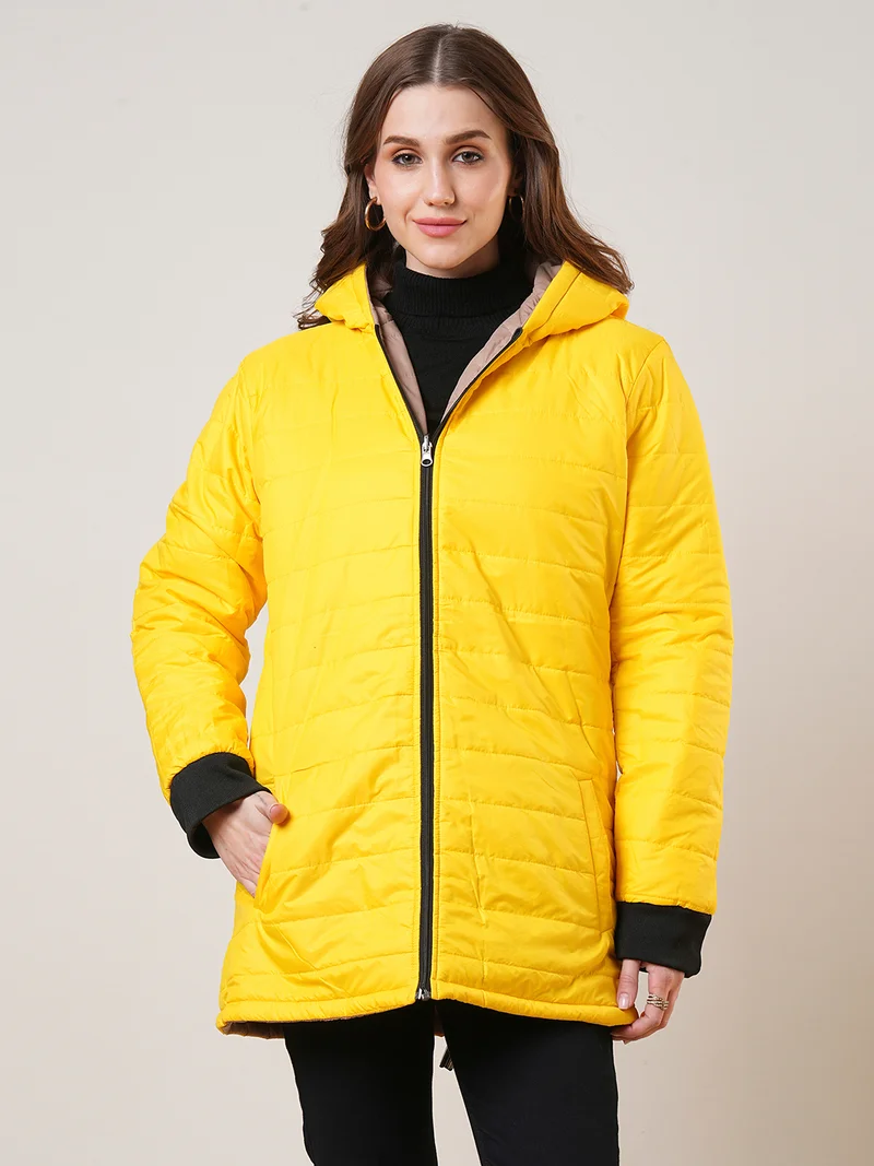 جلو باص جاكيت نسائي مبطن بغطاء رأس بسحاب أمامي وجيبين قابل للعكس للشتاء