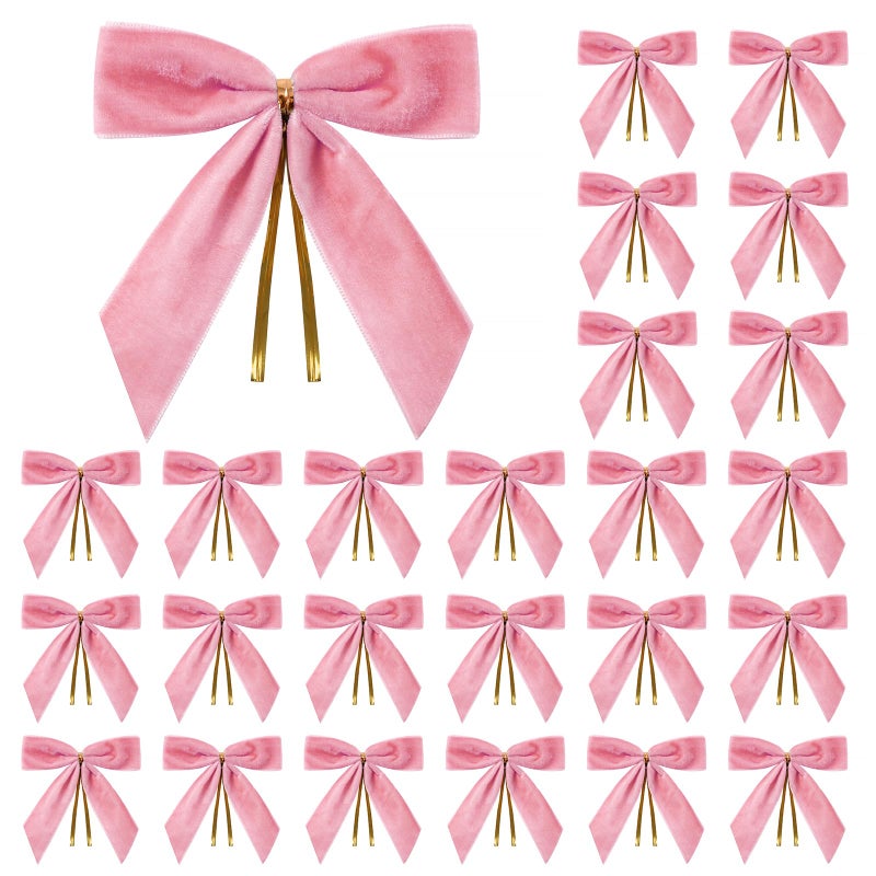 Utehilly 24 Pcs Pink Small Velvet Christmas Bows for Christmas Tree Wreath Gift Wrapping Crafts Wedding Party Twist Tie Bows for Treat Bag Bakery Candy Bags Home Decor 1 W35 x 35 inch