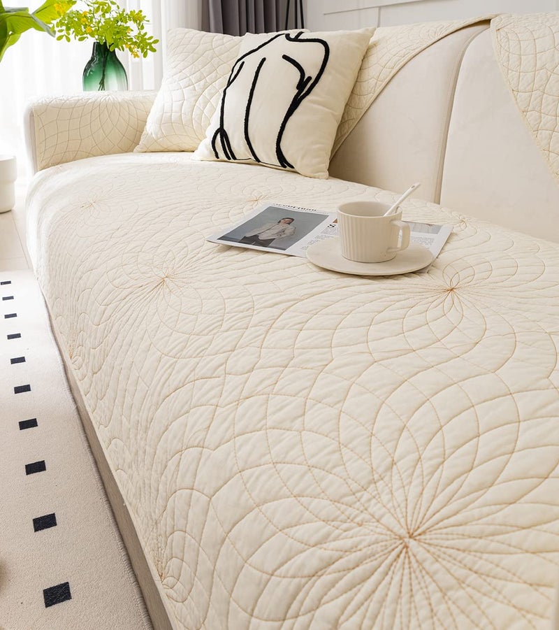 XSlive Farmhouse Couch Cover Solid Color Neutral Sofa Cover Soft Cotton Quilted Sectional Couch Covers Non Slip Washable Sofa Slipcover Furniture Protector for Living Room (Ivory E,28"x28") - Image 4