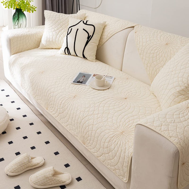 XSlive Farmhouse Couch Cover Solid Color Neutral Sofa Cover Soft Cotton Quilted Sectional Couch Covers Non Slip Washable Sofa Slipcover Furniture Protector for Living Room (Ivory E,28"x28") - Image 3