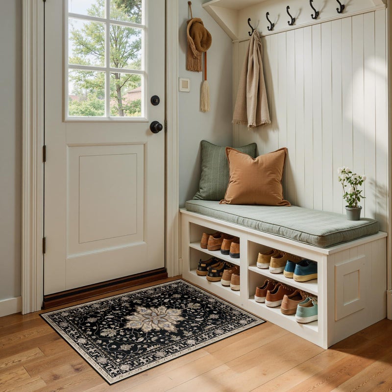 RELEANY Area Rugs 10'x12' Washable Non-Slip  Floral Vintage Distress Print Pattern Medallion Carpet for Living Room Bedroom Dining Room  Black Brown Neutral Dark Tan - Image 2