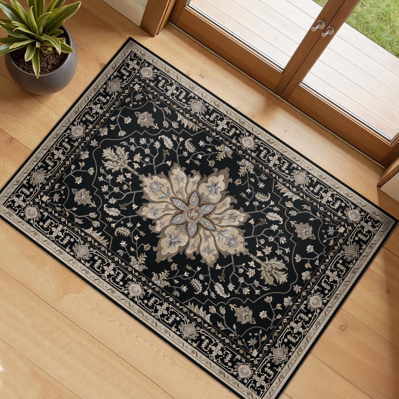 RELEANY Area Rugs 10'x12' Washable Non-Slip  Floral Vintage Distress Print Pattern Medallion Carpet for Living Room Bedroom Dining Room  Black Brown Neutral Dark Tan - Image 1