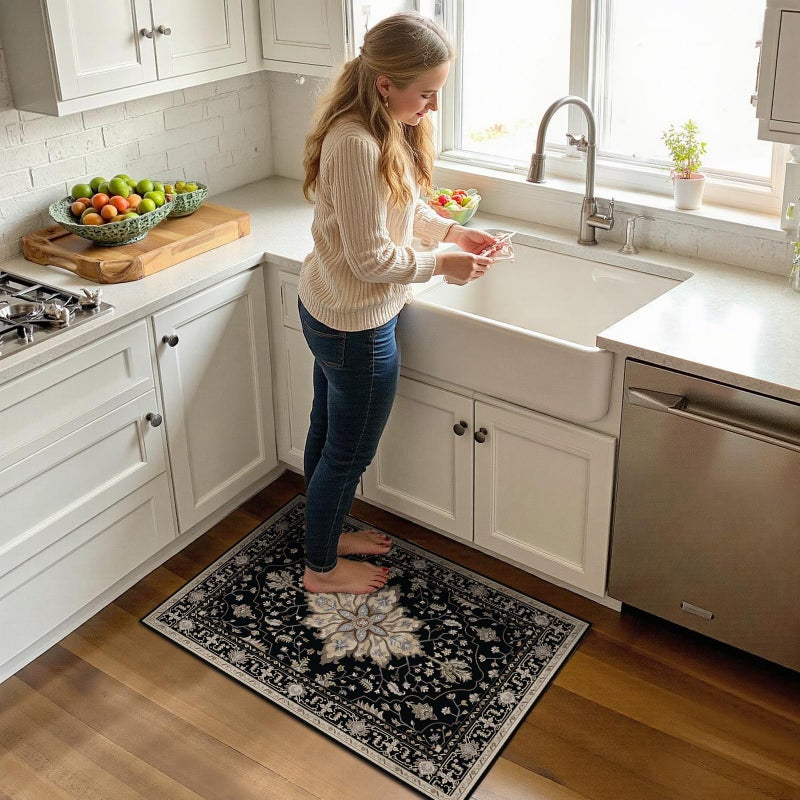 RELEANY Area Rugs 10'x12' Washable Non-Slip  Floral Vintage Distress Print Pattern Medallion Carpet for Living Room Bedroom Dining Room  Black Brown Neutral Dark Tan - Image 4