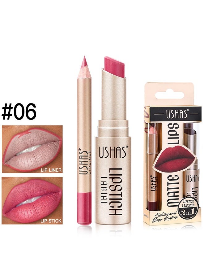 Ushas - Matte Lips，2 in 1 Waterproof Lipstick and Lip Liner Combo Set - Long Lasting Matte Lipstick Pen with Liner Set Makeup Kit #S6 - Image 1