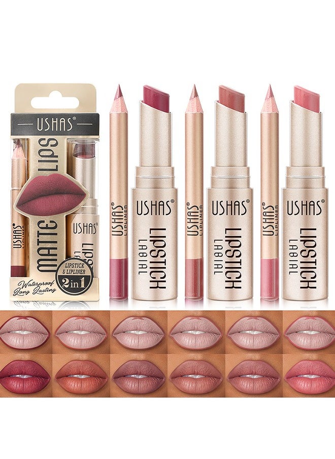 Ushas - Matte Lips，2 in 1 Waterproof Lipstick and Lip Liner Combo Set - Long Lasting Matte Lipstick Pen with Liner Set Makeup Kit #S6 - Image 1